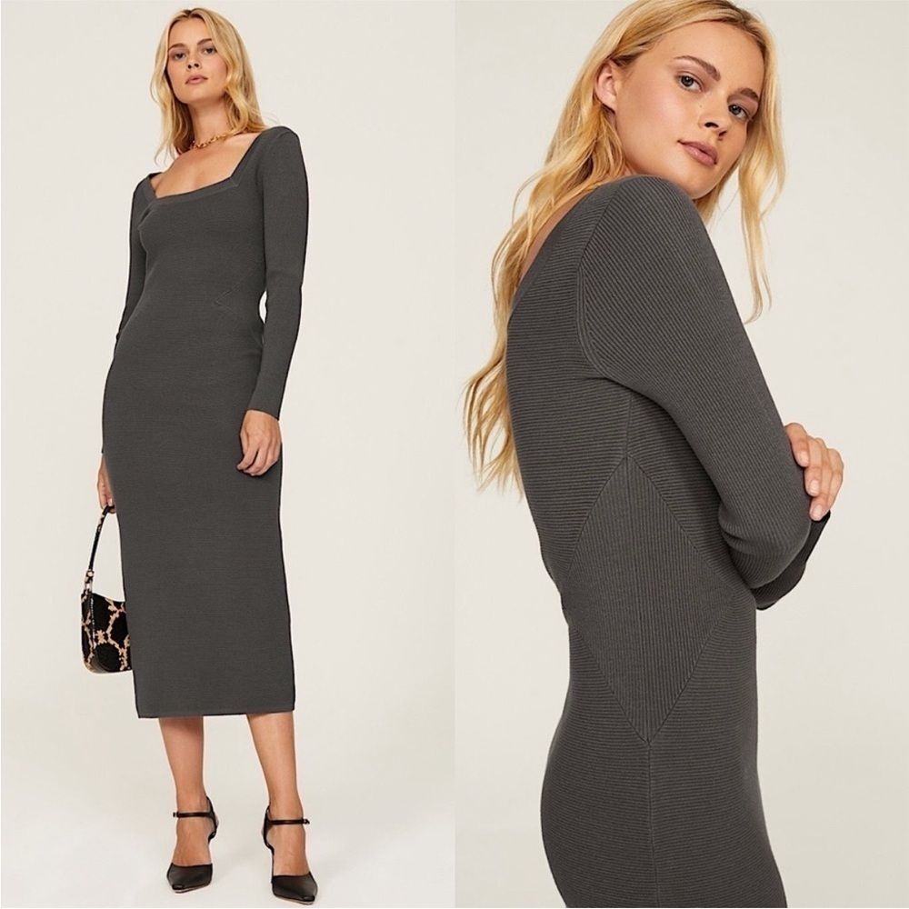 TOCCIN 90s Charcoal Rib Knit Square Neck Long Sleeve Midi Sheath Sweater Dress M